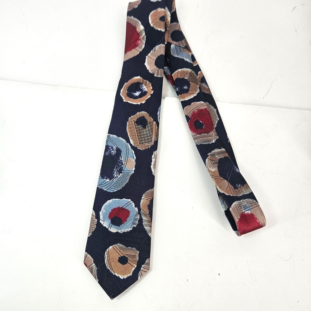 Vintage y2k 90s Bugle Boy Mens Tie Blue Tan Red Abstract‎ Circles Pattern Skinny